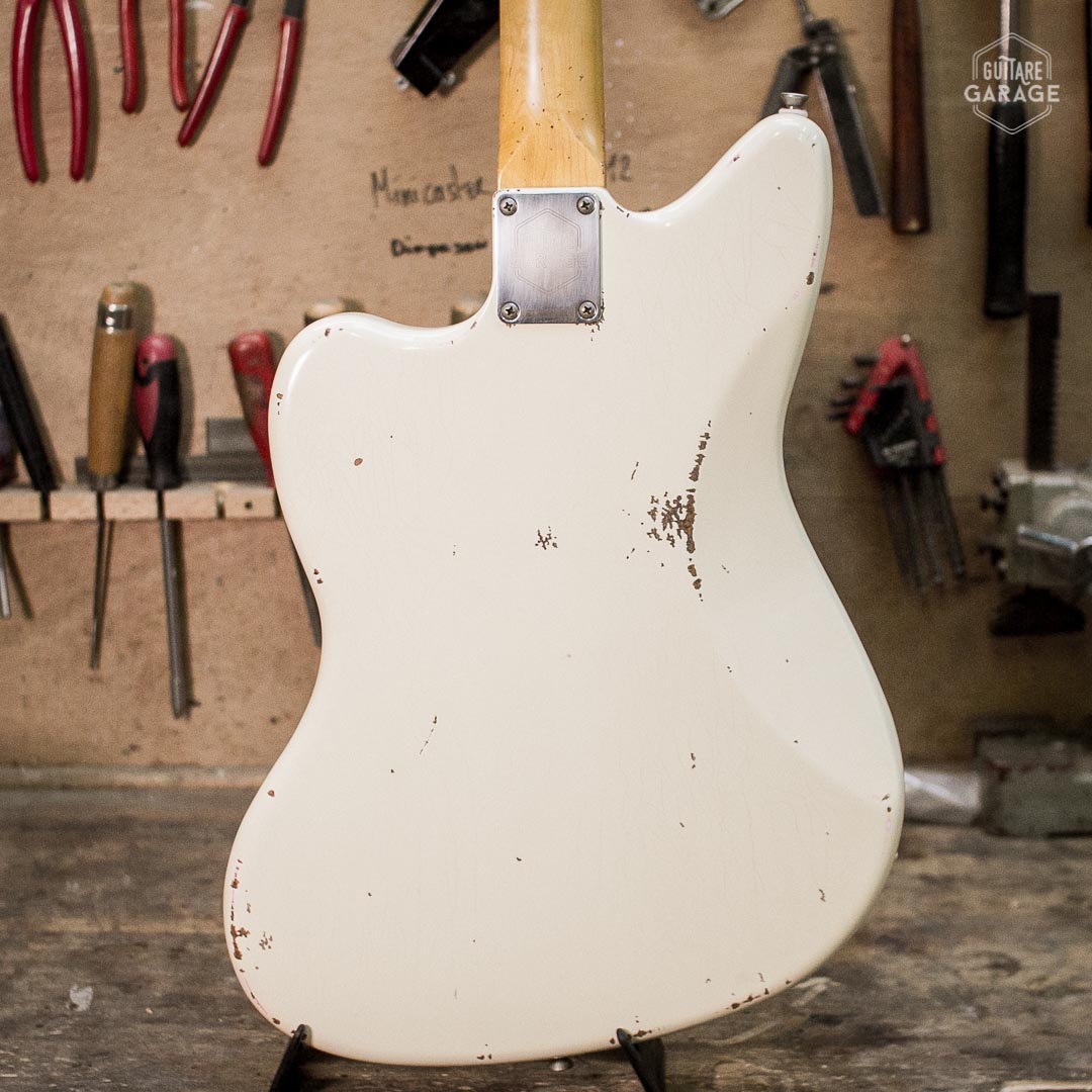 Partcaster Guitare Garage Jazzmaster Omypic White over Pink Paisley Relic Matching Headstock